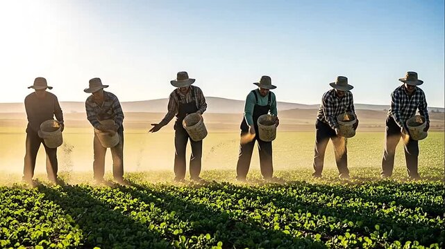 Group of hardworking male farmers planting seeds in a verdant agricultural field under a bright, dusty sunlight.