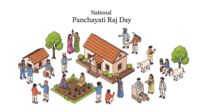 Illustration of people engaging in various activities around a village scene with houses and trees on National Panchayati Raj Day, celebrating local self-government in India with a colorful
