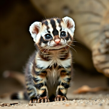 baby striped polecat stands upright its soft black and white fur bristled. curious little creature sniffs air its pink nose eyes wide wonder.