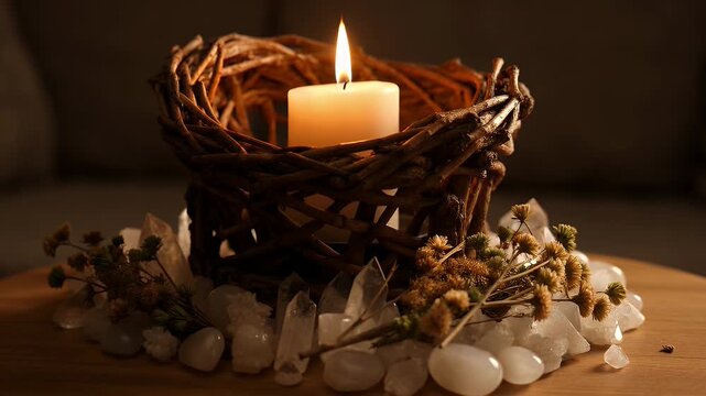 Warm candle glows within a rustic twig nest surrounded by crystals and dried flowers