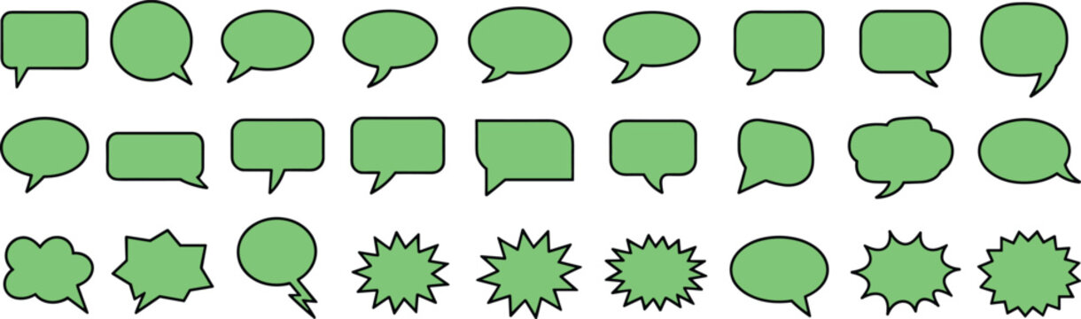 Green speech and thought bubbles in various shapes and sizes arranged in rows speech bubbles
