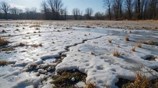 unmelted snow in a field on a sunny day in early spring