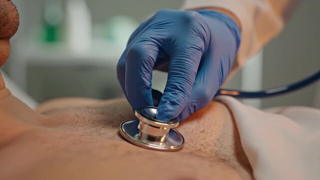 Medical examination scene showing stethoscope over bare chest during auscultation