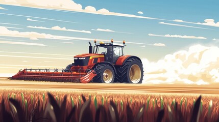 Obraz premium Red tractor harvesting crops in a stylized field