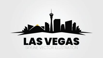 Las Vegas city skyline silhouette vector with Stratosphere and Luxor landmarks.