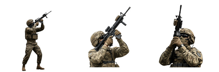 Military Soldier Aiming Rifle Upward Angle Wearing Combat Helmet, Face Not Visible, Tactical Infantry Combat Pose Isolated on White Background Studio Cutout PNG Style No Shadow