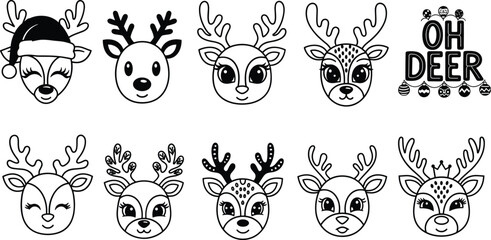 Cute Christmas deer faces collection, reindeer cartoon character icons set with antlers festive vector illustration black and white © Shahin