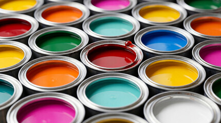 Fototapeta premium Collection of open paint cans in various vibrant colors, with a red paint drip. Ideal for art, DIY, and creative projects