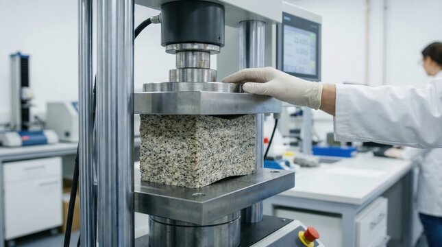 Self-healing Eco Materials concept. Compression test of a concrete block in a materials testing laboratory.