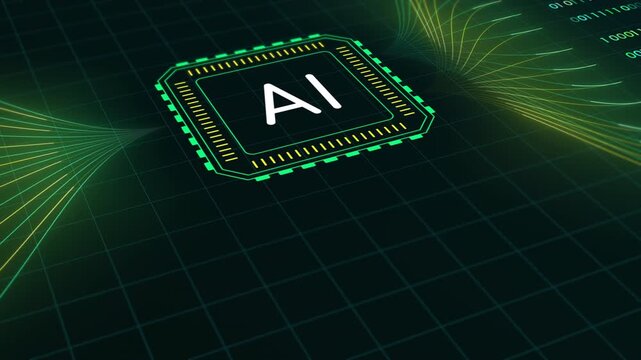 Detailed digital display of an AI processor core with glowing interface lines and complex logic paths.
