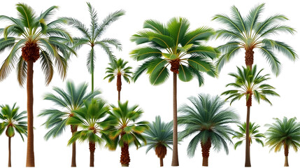Fototapeta premium Collection of various palm trees with different frond shapes and heights, showcasing tropical botanical diversity. Isolated on white background for easy compositing.