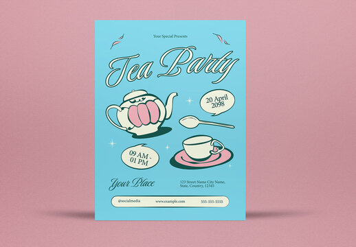 Blue Handdrawn Tea Garden Party Flyer Set