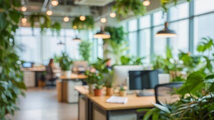 Obraz premium Modern office interior with plants and computers on wooden desks in a bright workspace environment