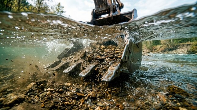 Split level view of excavator bucket dredging river. Heavy machinery working in water