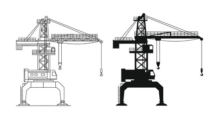 Detailed architectural rendering of two industrial cranes one in line art and one as a striking silhouette © nhpvect02