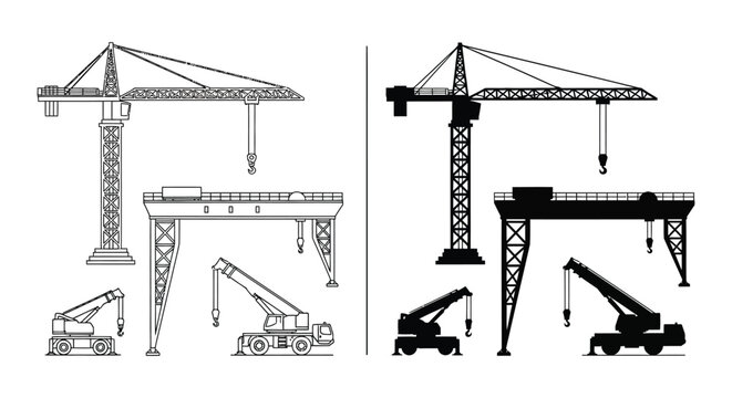 Detailed black and white line drawing depicting various construction cranes and machinery in a silhouette high quality professional