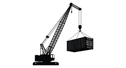 A stark black silhouette depicts a large construction crane lifting a shipping container silhouette high quality professional detailed © nhpvect02