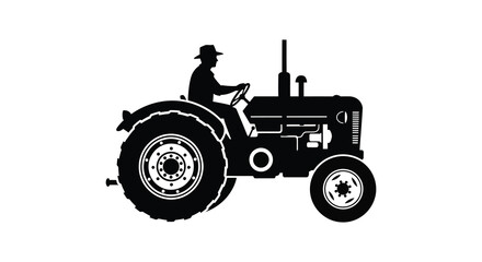 A striking black silhouette depicts a farmer driving an antique tractor across farmland silhouette high quality professional detailed © nhpvect02