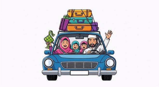 keluarga dalam perjalanan mudik ke kampung halaman untuk merayakan lebaran idhul fitri 