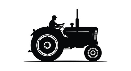 A striking black silhouette depicts a farmer operating a vintage tractor on farmland silhouette high quality professional detailed © nhpvect02