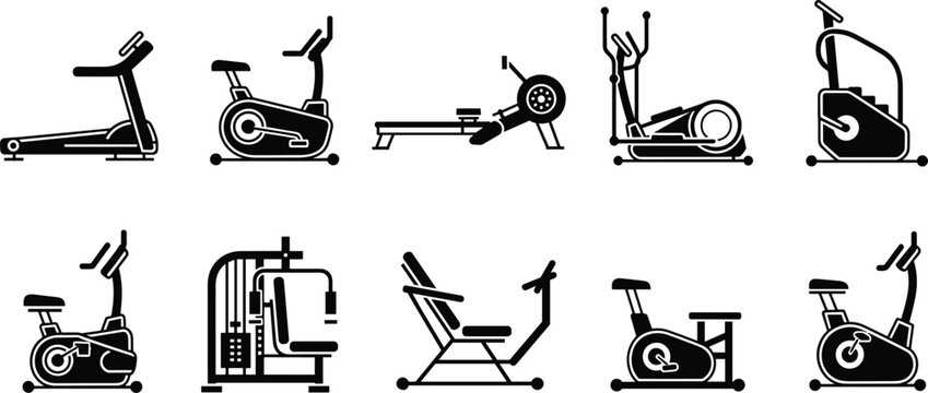 Gym fitness equipment icons set, treadmill bike elliptical rowing machine vector silhouette collection for workout trainingfitness, workout, training, exercise, tret