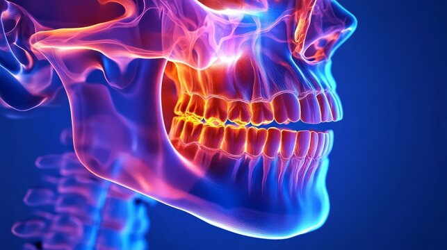 Human skull with glowing red and blue bones on dark blue background medical 3d illustration of facial skeleton
