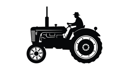 Obraz premium A stark black silhouette depicts a farmer driving an antique tractor across open land silhouette high quality professional