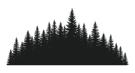 A dense grouping of coniferous trees forms a striking dark shape against a bright background silhouette high quality © nhpvect02
