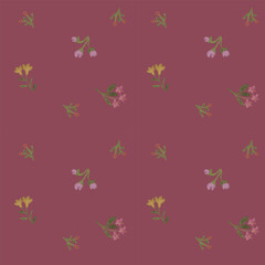 Fototapeta premium Seamless Vintage Floral Pattern with Small Wildflowers and Branches on a Dark Rose Background