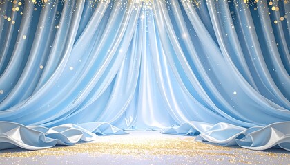 輝くアイスブルーのカーテンと黄金の粒子が舞う清廉なイベントステージ背景