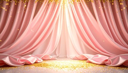 上品なパステルピンクのカーテンと黄金の輝きが彩るエレガントなステージ背景