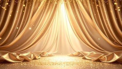 気品あふれるシャンパンゴールドの幕と光のシャワーが彩るエレガントな背景
