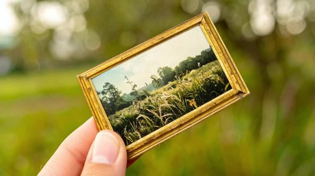 Hand holding small framed landscape picture outdoors in nature