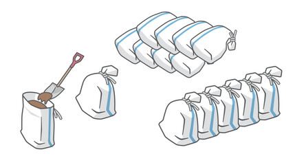 防災用土嚢にの作り方と積み方を描いたベクターイラスト