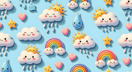 Obraz premium Cute Cartoon Weather Elements Smiling on Light Blue Seamless Pattern