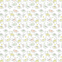 Seamless Watercolor Dinosaur Pattern with Hand-Drawn Brachiosaurus and Pterodactyl on White © Elymand