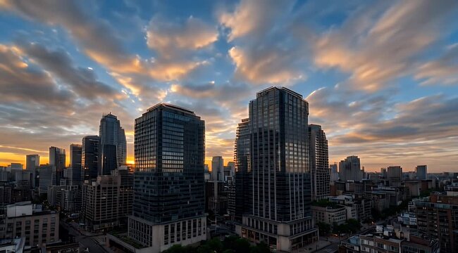 Two tall glass skyscrapers dominate a city skyline under a cloudy sunset