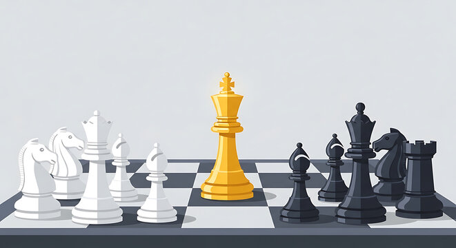 Flat Vector Chess Grandmaster Concept - Golden King with Protective Formation on Dove Grey Background - Strategic Leadership and Competitive Advantage Illustration