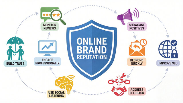 Online brand reputation management strategy infographic for business trust building review monitoring social listening SEO improvement and customer feedback response