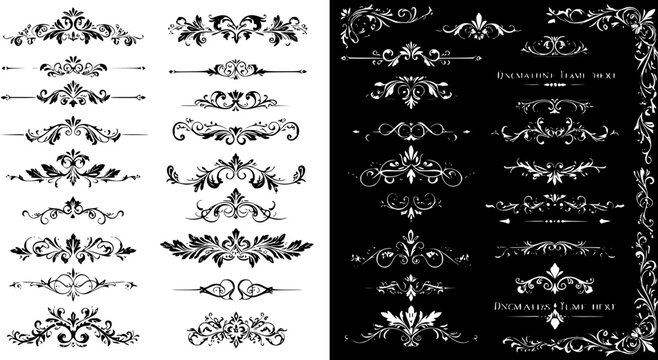 Elegant Ornamental Flourishes, Dividers  Borders Set. Vintage Black  White Decorative Design Elements with Floral Swirls for Frames  Accents.
