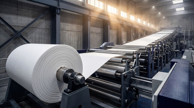 Industrial machinery processes a large roll of white fabric or paper in a modern manufacturing factory with automation