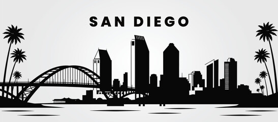 San Diego waterfront skyline silhouette. Vector