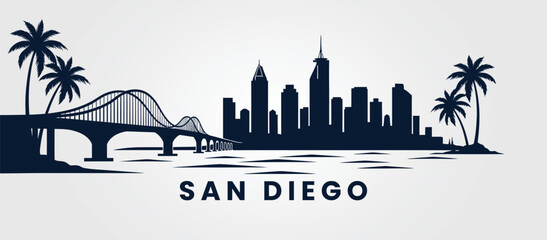 San Diego skyline banner featuring iconic California landmarks.