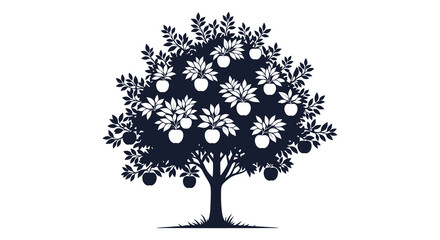 A dark intricately detailed tree laden with apples stands out against a plain white background silhouette high quality © AL-AMIN