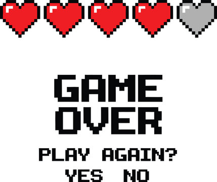 Pixelated Game Over Screen with Hearts and Play Again Option Vector