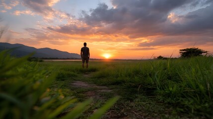 Fototapeta premium A lone person stands in a vast grassy field at sunset gazing at the colorful sky and mountains