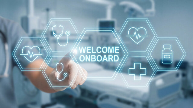 Healthcare staff welcome onboarding concept for medical employee orientation digital hospital system integration and clinical workforce management