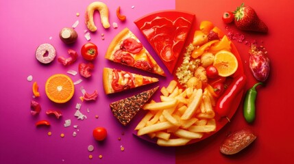 Unhealthy Food Consumption Display with Pizza and Fries