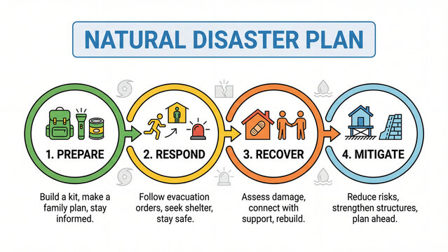 Natural disaster preparedness plan infographic for emergency response recovery and risk mitigation with prepare respond recover and mitigate cycle steps