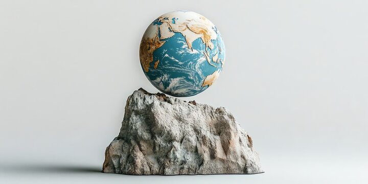 Globe balanced on rocky outcrop symbolizing global stability and environmental balance on a neutral background